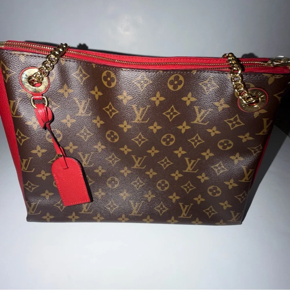 RARE Louis Vuitton Red and Brown Monogram Chain Shoulder Bag Leather Trim - Picture 3 of 16